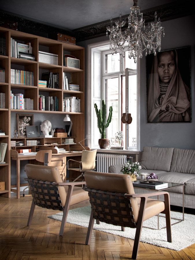 Woonkamer met een eclectisch interieur en een zwart plafond