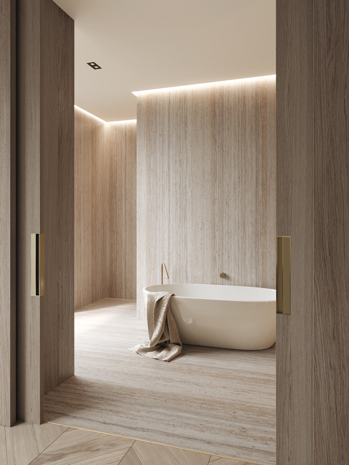 Prachtig luxe badkamerontwerp gevisualiseerd door Jasmin Kodzha. Door de hele badkamer zijn ledstrips aan de randen van het plafond geïnstalleerd, ook boven het bad, die voor een hele luxe sfeer zorgen in de badkamer.